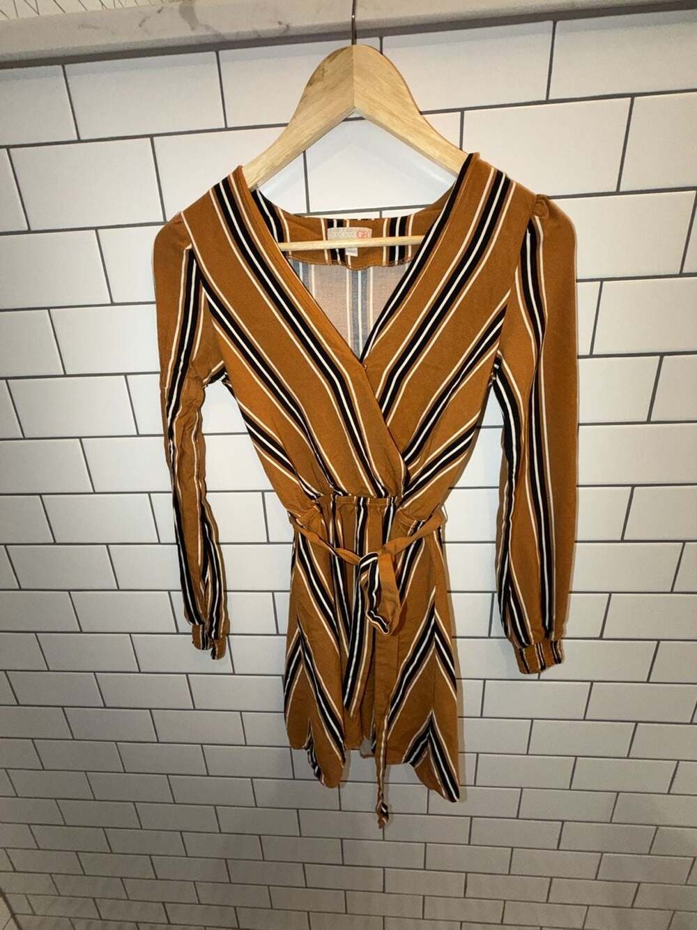 GB Women's Long Sleeve Striped Faux Wrap Dress